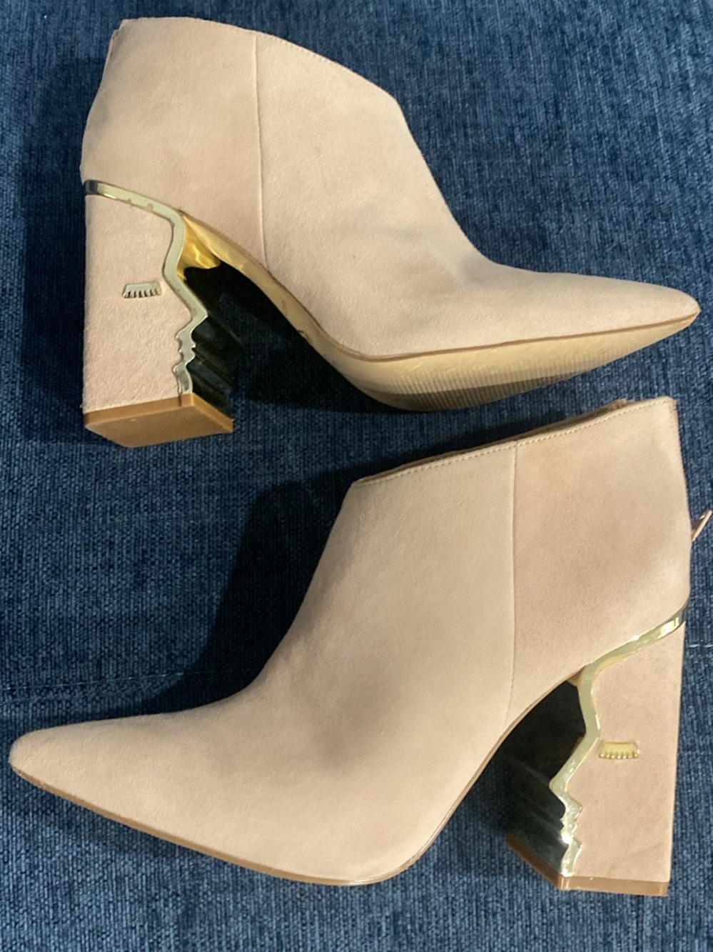 Katy Perry Women's Beige Suede Pointed-Toe Ankle Boots with Sculpted Gold Heel